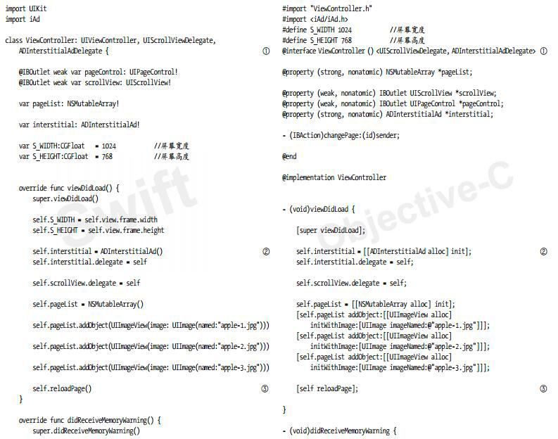 iAdFullScreen1Demo中視圖控制器ViewController的類定義、屬性聲明和初始化等的相關(guān)代碼一