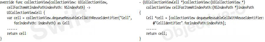使用UICollectionView的dequeueReusableCellWithReuseIdentifier:forIndexPath:方法獲得可重用的單元格，模式代碼